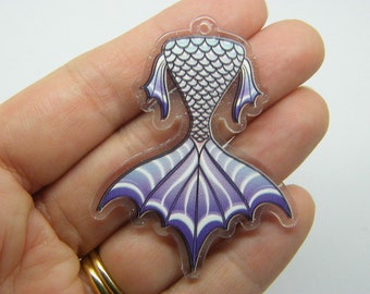 2 Mermaid tail pendants clear purple black acrylic FF