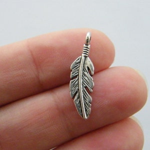 10 Feather charms antique silver tone B213 image 1