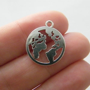 20 breloques globe terrestre en forme de carte, ton argent antique WT80