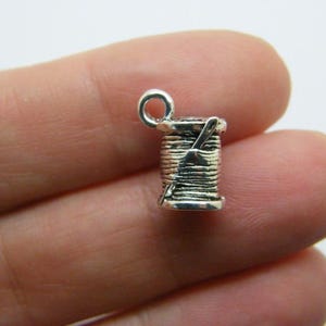 6 Spool  cotton reel thread and needle charms antique silver tone P20