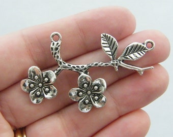 4 Branch with flowers connector charms antique silver tone F89