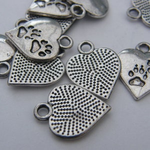 10 Heart with paw prints charms antique silver tone A477 image 4