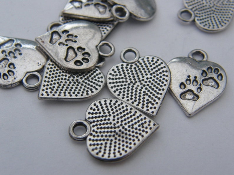 10 Heart with paw prints charms antique silver tone A477 image 4