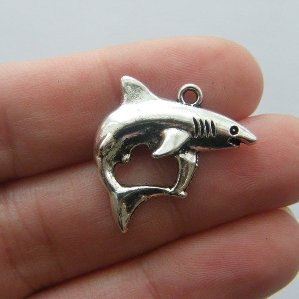 6 Shark charms antique silver tone FF63