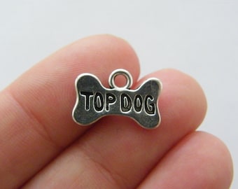 10 Top dog bone charms antique silver tone A882