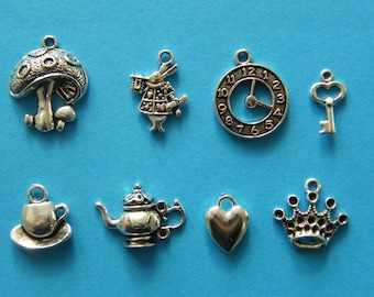 The Alice in Wonderland Collections - 8 different antique silver tone charms