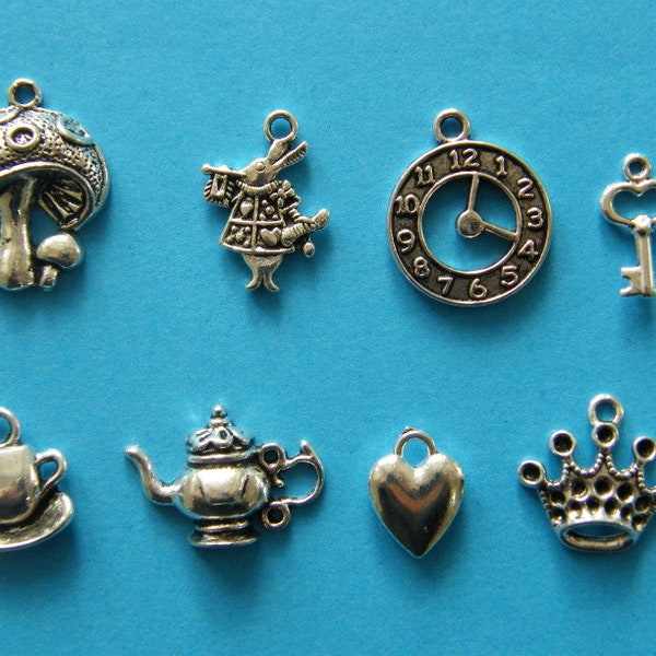 The Alice in Wonderland Collections - 8 different antique silver tone charms