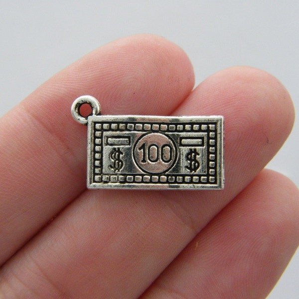 10 One hundred dollar bill money charms antique silver tone WT18