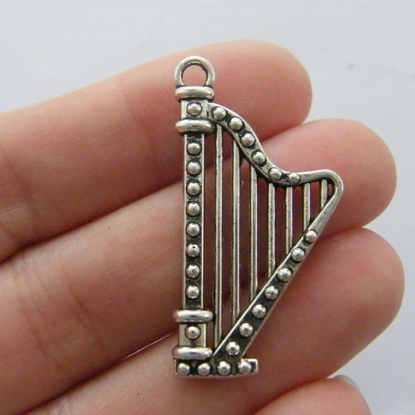 4 Harp charms antique silver tone MN66