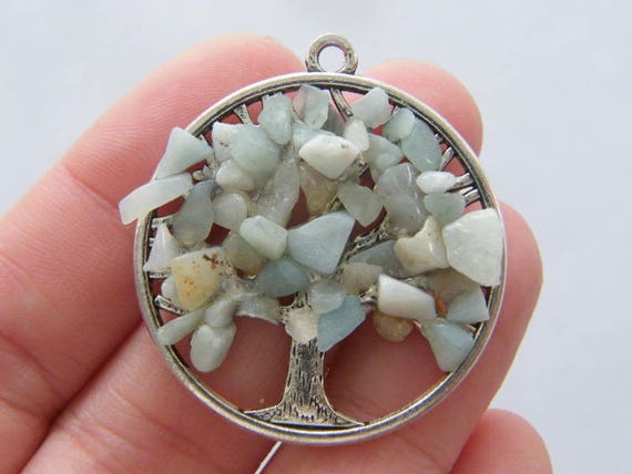 1 Tree pendant gemstone green antique silver tone T110 | Etsy
