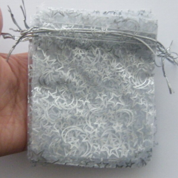 BULK 100 Organza bags white with silver stars and moons