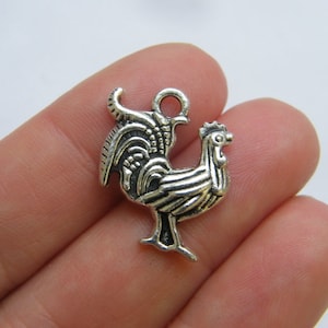 6 Rooster charms antique silver tone B216