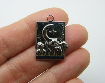 Pendentif 2 Champignons lune étoile argent acier inoxydable L47