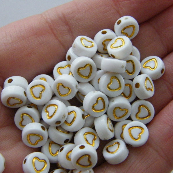 100 Heart white and gold acrylic bead AB107 - SALE 50% OFF