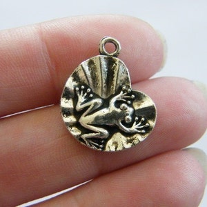8 Frog on lily pad  leaf charms antique silver tone L10