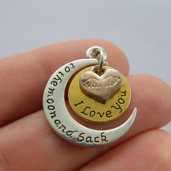 4 I love you to the moon and back charms antique silver, gold and copper tone M267