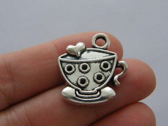 BULK 30 Cup and saucer teacup charms antique silver tone FD350