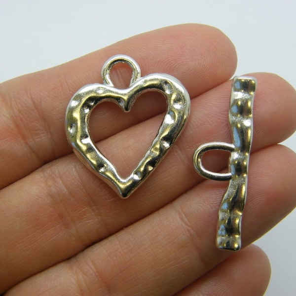 6 Heart toggle clasps silver tone FS114