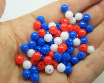 120 Red white and blue 6mm random mixed acrylic round beads AB611 - SALE 50% OFF