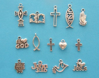 The Religious Collection - 14 different antique silver tone charms