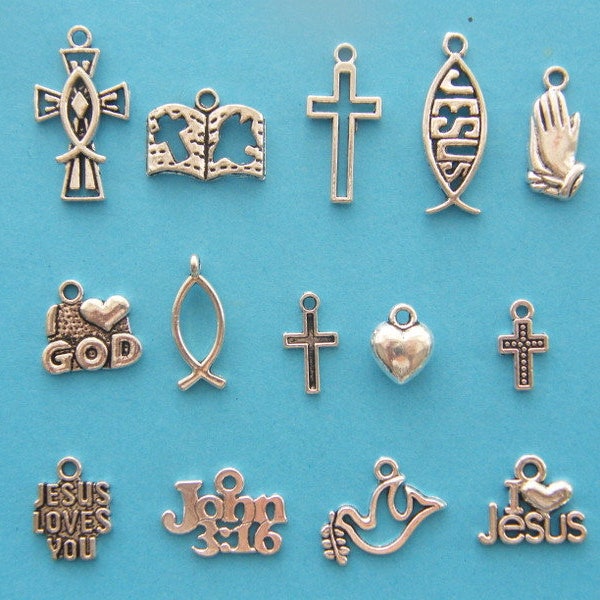 The Religious Collection - 14 different antique silver tone charms