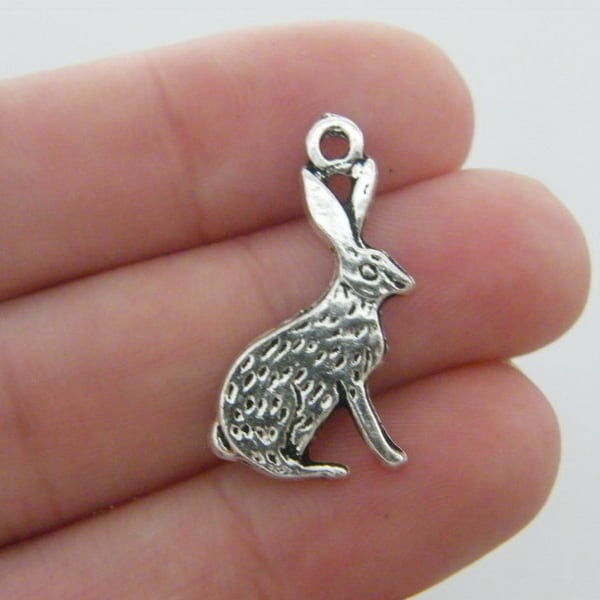 10 Hare rabbit charms antique silver tone A255