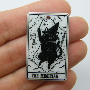 2 Le magicien chat carte de tarot pendentif Halloween noir blanc acrylique HC1238