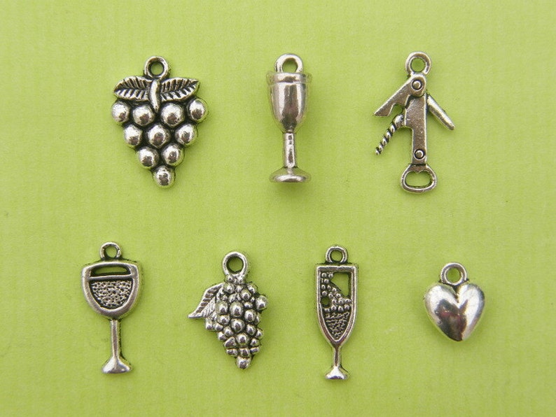 The Love Wine Charms Collection 7 different antique silver tone charms image 1