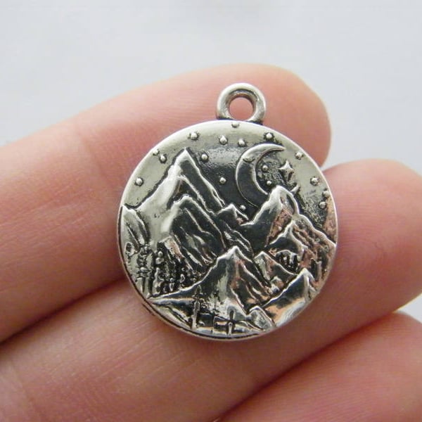 2 Mountain moon scenery charms antique silver tone WT110