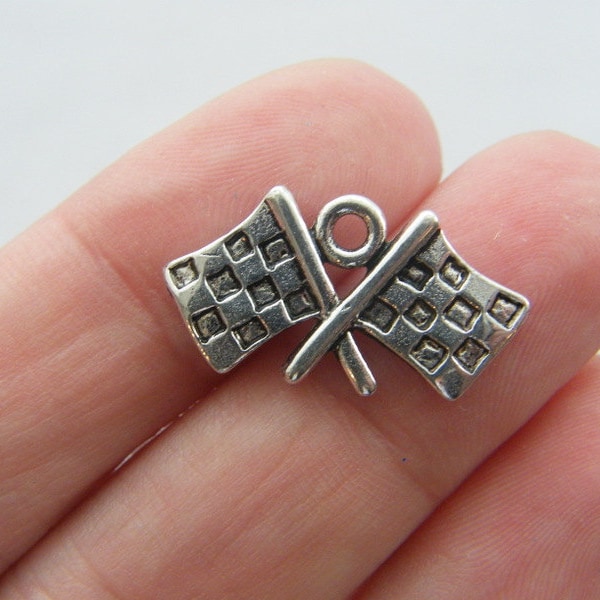 8 Checkered flag charms antique silver tone SP44