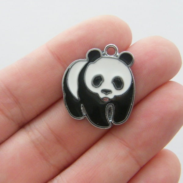 4 Panda bear pendants black white silver tone A192