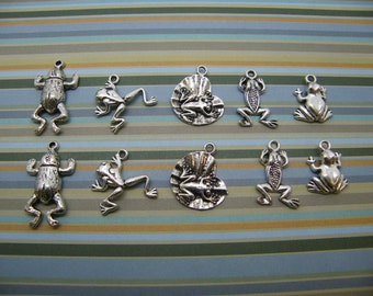 The Frog Collection - 10 antique silver tone charms