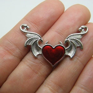4 Heart red devil wings connector charms silver tone HC400