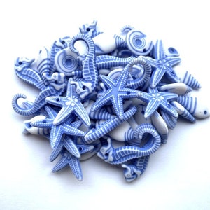 Può includere: Una collezione di creature marine in ceramica blu e bianca, tra cui stelle marine, cavallucci marini e conchiglie. L'assortimento a tema marino presenta disegni dettagliati ed è ideale per l'artigianato o la decorazione.