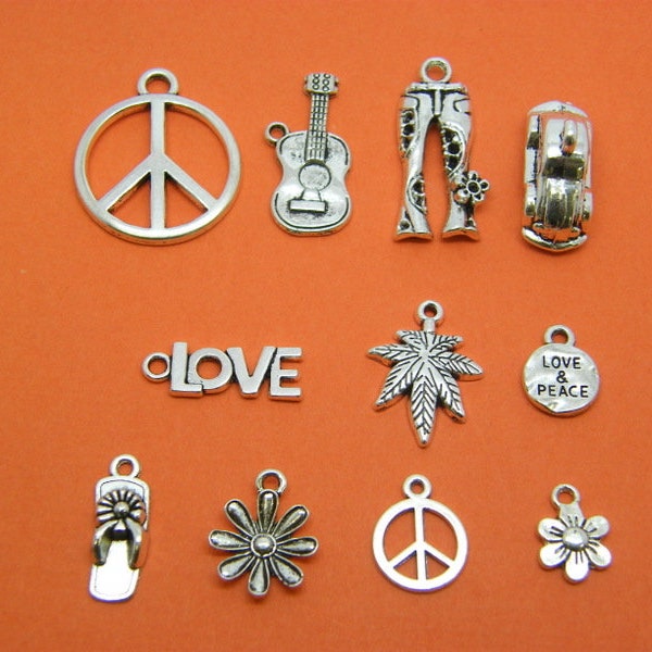 The Hippie Peace Charm Collection - 11 different antique silver tone charms