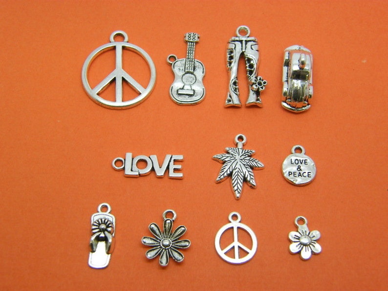 The Hippie Peace Charm Collection 11 different antique silver tone charms image 1