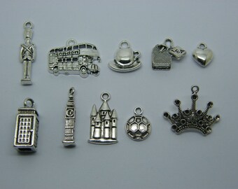 The I Love London Collection - 11 different antique silver tone charms