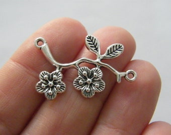 8 Branch with flowers connector charms antique silver tone F289