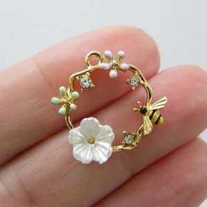 2 Bee and flower garland rhinestone charms gold tone A523