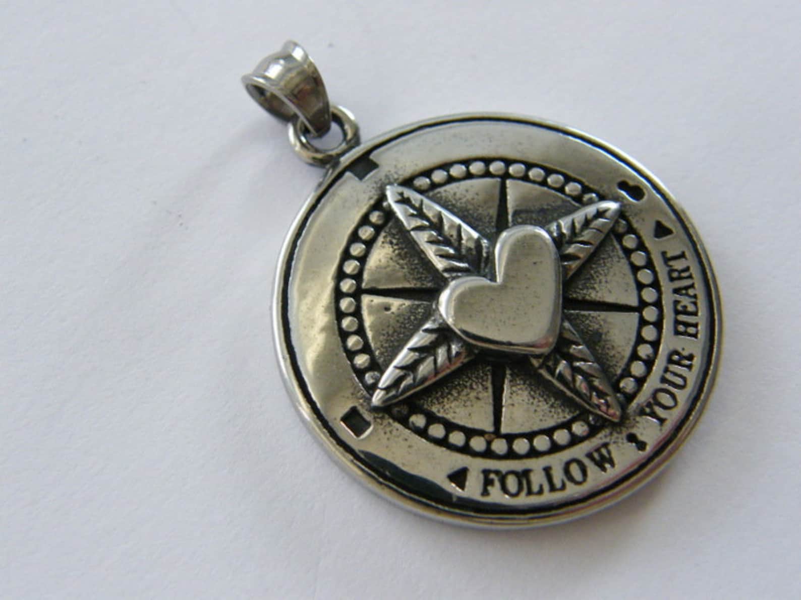 1 Follow Your Heart Compass Heart Pendant Antique Silver Tone Etsy