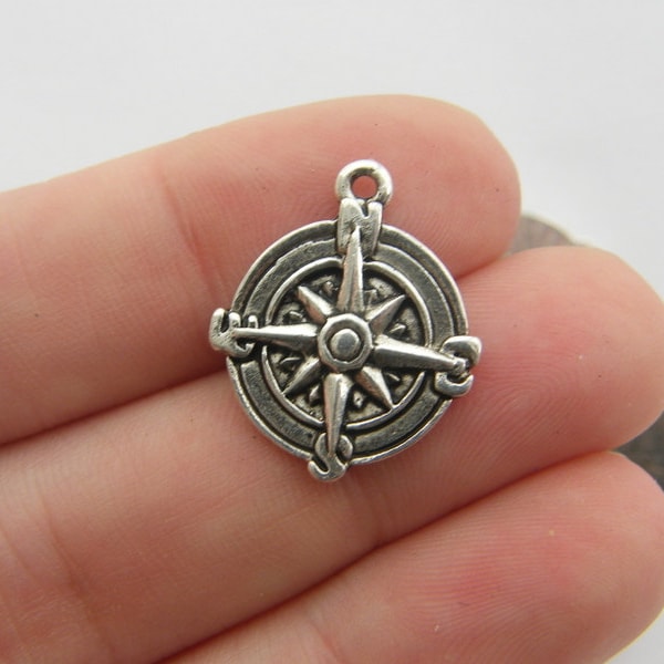 6 Compass charms antique silver tone FF711