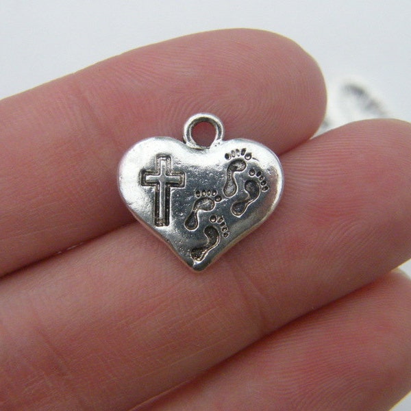 4 Heart with cross and footprints charms pendant  antique silver tone R17