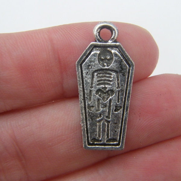 6 Coffin and skeleton pendants antique silver tone HC142