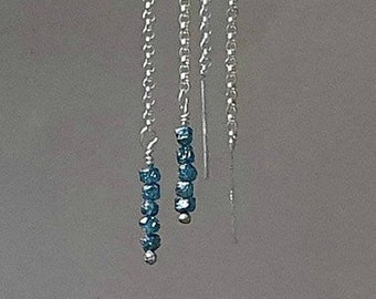 Raw blue diamond threader earrings, April birthstone, minimalist jewelry, precious gift for her