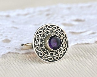 Vintage amethyst ring, sterling silver filigree ring, halo ring, February birthstone, amethyst jewelry