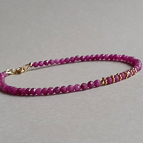 Gold ruby bracelet, stacking jewelry, July birthstone, red gemstone, Valentine's gift