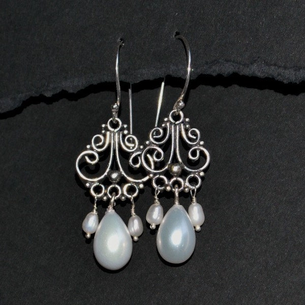 Bridal chandelier earrings,  sterling silver, pearl bridal jewelry
