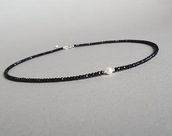 Black spinel and pearl necklace, protection necklace, black gemstone jewelry, gift for her