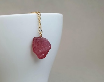 Raw Glass Filled Ruby Necklace, Gold Filled Chain, Minimalist Jewelry