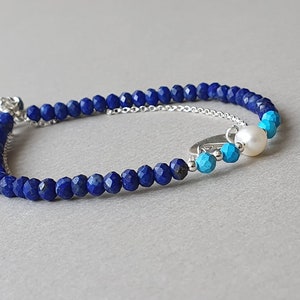 Pulsera de lapislázuli y turquesa, joyería con iniciales estampadas a mano en oro, regalo personalizado para mujer, joyería de lapislázuli